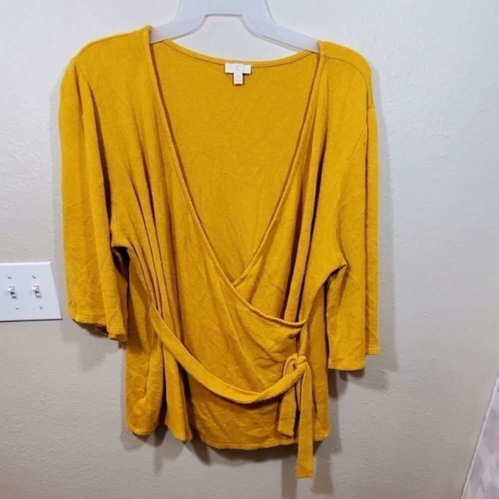 Mustard yellow‎ wrap 3/4 sleeve lightweight sweater